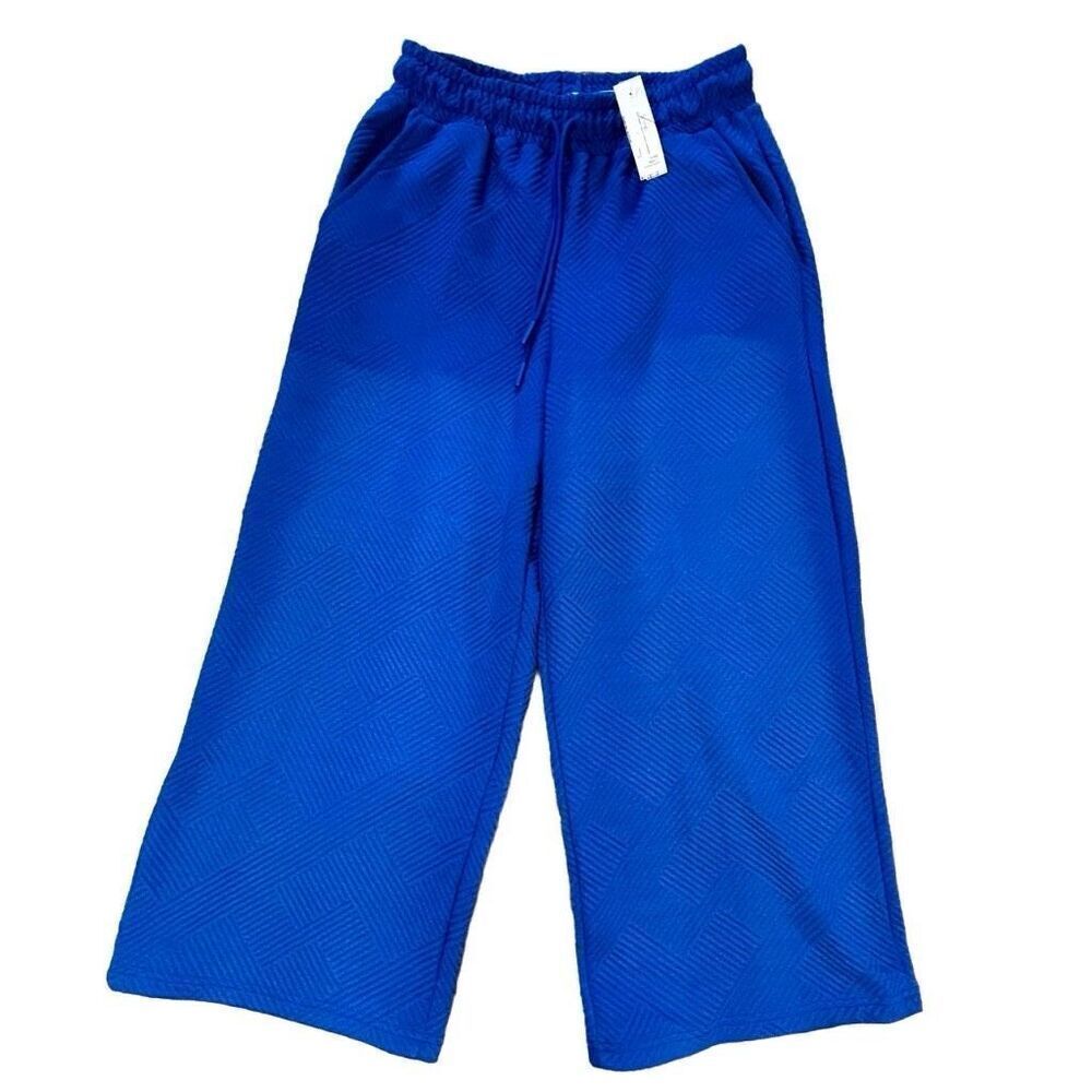 Umgee Womens Small Criss Cross Textured Wide Leg Pants Blue Drawstring Waist NWT